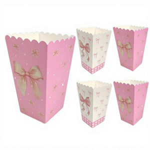 Boîtes à popcorn en papier rose avec nœud, contenants en <span class=keywords><strong>carton</strong></span> blanc pour friandises, pour l'<span class=keywords><strong>anniversaire</strong></span> d'une <span class=keywords><strong>fille</strong></span>, emballage pour bonbons et collations - Product Image 1