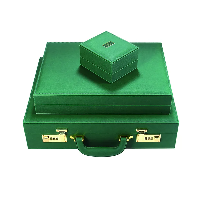 Chất lượng cao nhà máy biểu tượng tùy chỉnh hộp đồ trang sức bán buôn hộp màu xanh lá cây PU hộp da bằng handmade lưu trữ đồ trang sức bao bì