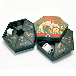 Caja de Regalo de Té Hexagonal Personalizada con Compartimentos Protectores, Caja de Regalo de Té de Cartón Rígido Reutilizable con Diseño Artístico Cultural - Product Image 1