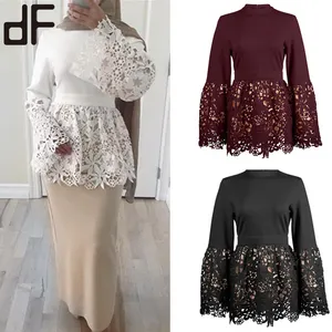 OEM Custom Arabic Women's Luxury Blouses Lace Crochet Long Sleeve Blouse Femme Africain Islamic Clothing Malaysia Modest Blouse