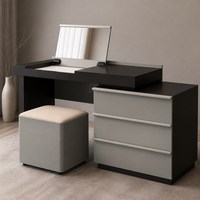Ensemble de coiffeuse modulaire avec armoire latérale, miroir dissimulé, coiffeuse grise brillante avec tiroirs pour la décoration de la chambre à coucher