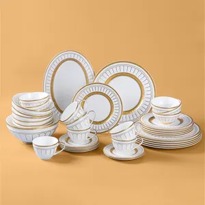 PITO Luxury Gold Ceramic 102 PCS Dinnerware Plates Embossed Bowl Plates Dinnerware Set for Wedding Decoration Dinnerware Sets
