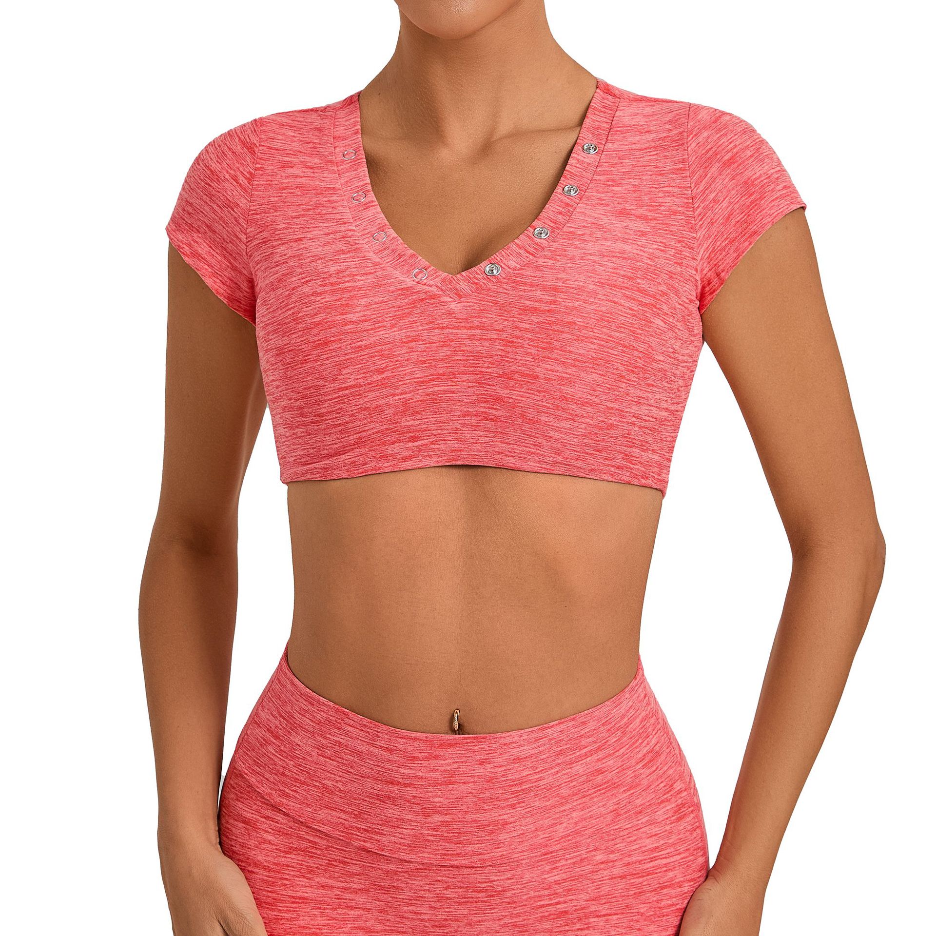Ropa Deportiva Mujer Women's Lightweight High Support Yoga Gym Sports Bra V-Neck Short Sleeve Double Layers Croptop Tshirts