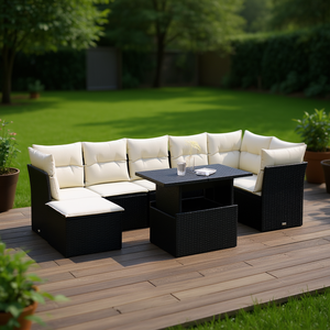 Ensemble de canapés de jardin en rotin noir avec coussins crème, mobilier d'extérieur au design contemporain, résistant à l'eau et aux UV, en rotin PE - Product Image 2