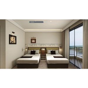 Ensemble de mobilier de chambre d'hôtel 3 étoiles moderne et économique : lit double avec têtes de lit rembourrées, tables de chevet, armoire et meuble TV - Product Image 1