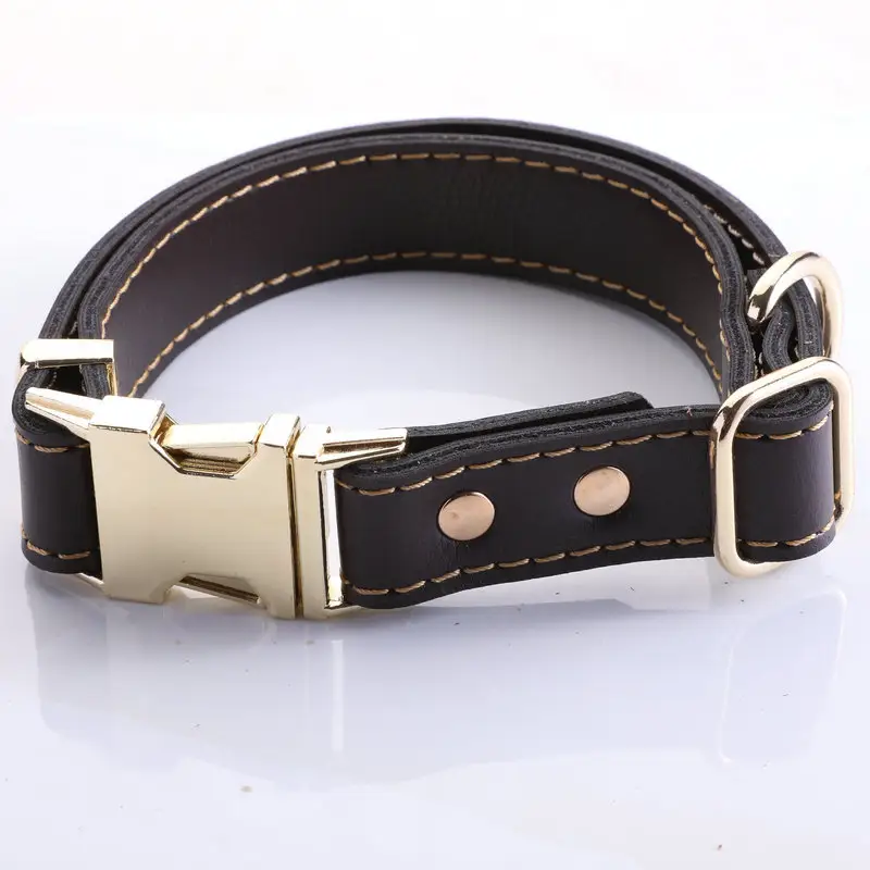 Factory Customized Pet Collar Luxury Dog Collars Pu Leather Gold Buckle High-End Cowhide Dog Collar And Leash Set