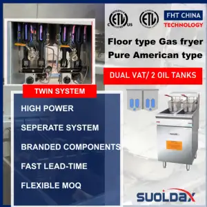 Suoldax FHT-CHINA attrezzatura da cucina commerciale in acciaio inox doppio serbatoio doppio cestello aperto pentola pavimento friggitrice a Gas