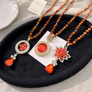 Tiger's Eye Stone Long Necklace Floral Pendant Sweater Chain Autumn Winter Elegant Jewelry Zinc Alloy Bezel Setting - Product Image 4