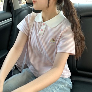 POLO de manga corta para niñas, novedad de verano 2024, camiseta original estilo dulce hermana, rayas, suelta, dulce, tendencia corta - Product Image 4