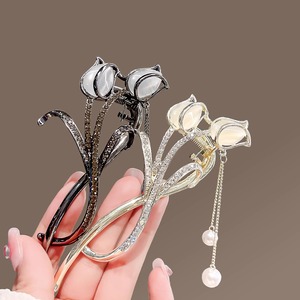 Pince <span class=keywords><strong>à</strong></span> cheveux chinoise en strass motif fleur de tulipe, avec chaîne <span class=keywords><strong>à</strong></span> pampilles en perles et pierre œil de chat, pour femmes - Product Image 1
