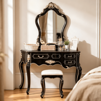 Ensemble coiffeuse antique européenne noir et or avec miroir et tabouret, table de maquillage de luxe pour chambre à coucher, mobilier de maison