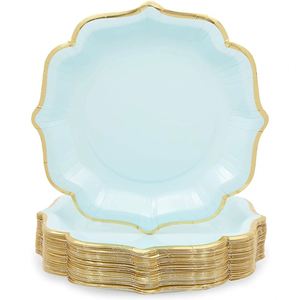 Modern Light Blue 9\" Party <b>Plates</b> with Gold Foil Scalloped Edging Hot Selling Tableware Set for Thanksgiving Ramadan Diwali - Product Image 1