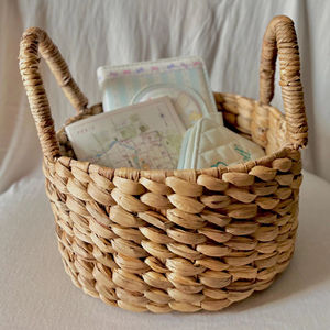 Mini Water Hyacinth Storage <b>Basket</b> with <b>Handles</b> Handmade Woven <b>Small</b> Bin for Boho Farmhouse Decor and Gift Packaging - Product Image 1