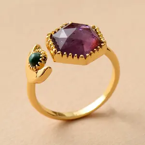 18k镀金大石紫水晶孔雀石奢华女性可调整鸡尾酒戒指宝石饰品