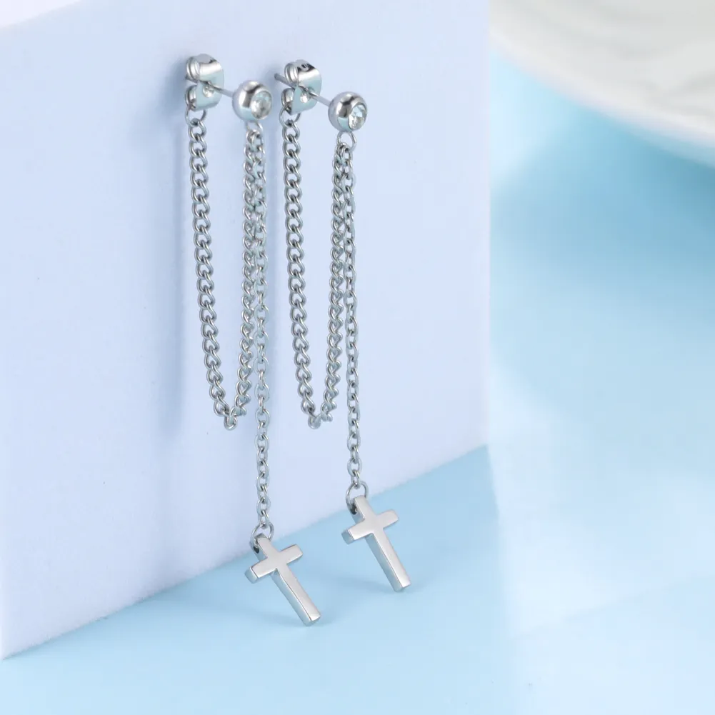 Religious Simple Design Cross Classic Christian Chain Drop Dangle Earrings For Men Women Street Hip Hop Jewelry