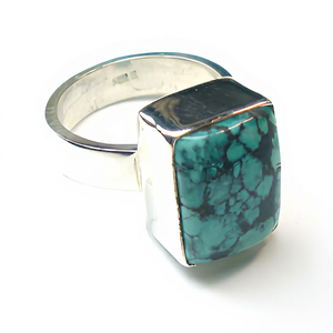 Anillo de Plata de Ley 925 con Turquesa Tibetana, Joyería Hecha a Mano, Gema Rectangular Azul Verde, Estilo Bohemio Vintage - Product Image 1