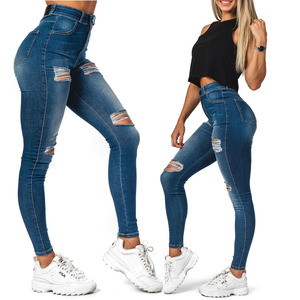Jeans de mezclilla elásticos de cintura alta para mujer, estilo Y2K, transpirables, elegantes, bonitos, hip hop, desgastados, azules, con <span class=keywords><strong>rotos</strong></span>, ajustados, venta al por mayor OEM - Product Image 5