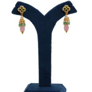 Boucles d'oreilles en or fin 22K pour femmes en émail vert avec pierre précieuse rose et goutte de perle bijoux indiens de luxe faits à la main - Product Image 2