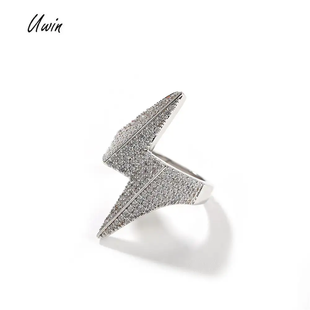 Uwin Manufacturer Luxury Brass CZ Trendy Color Cubic Zirconia Lighting Shape Silver Rings Jewelry Women Hip Hop Jeweley