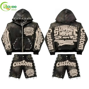 Custom Vintage <b>Men's</b> Tracksuit <b>Set</b> Digital Printing Acid Wash Applique Embroidery Letter Zip Up <b>Hoodies</b> <b>And</b> <b>Shorts</b> <b>Set</b> For <b>Men</b> - Product Image 2