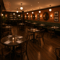 Ensemble de mobilier de restaurant Ron Group Cafe : banquette en cuir capitonnée à dossier haut, ensemble de chaises en bois courbé, table carrée en bois