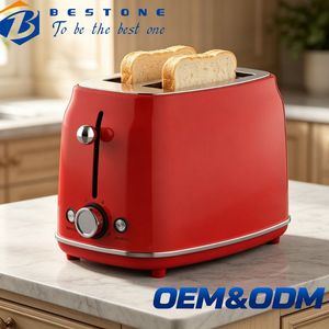 Grille-pain électrique BESTONE 2 fentes 850W avec minuterie mécanique, couleur rouge, usage domestique, fonction de levage automatique - Product Image 1