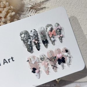 <span class=keywords><strong>Uñas</strong></span> Postizas de Alta Calidad, Lindas y Elegantes, en Forma de Ataúd, Negras y Rosas, con Diseño de Dibujos Animados, Hechas a Mano - Product Image 3