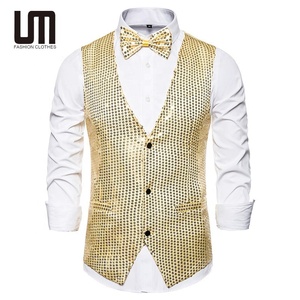 Saldi di Liquidazione Nuovi Arrivi Gilet Monopetto da Uomo con Scollo a V Senza Maniche con Paillettes Dorate per Matrimoni e Feste - Product Image 2