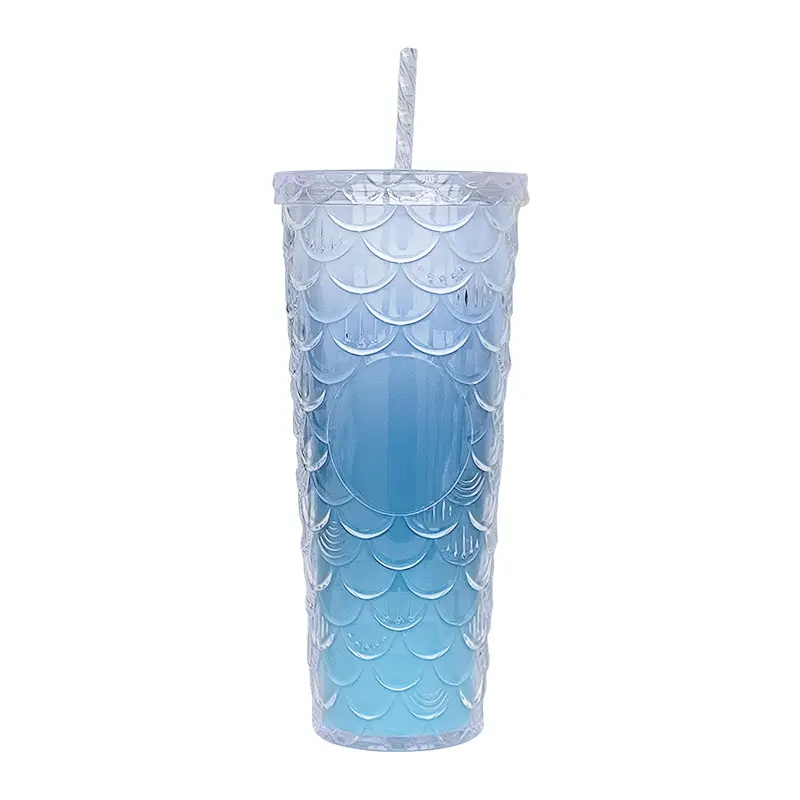 New design 24oz plastic Acrylic cold Mermaid scale Pineapple glitter double wall tumbler with straw and lid