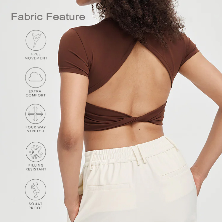 Custom High Quality Gym Fitness Wear Backless Twisted Short Sleeve Body Fit Crossed Open Back Cropped Top with Removable Padding