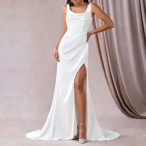 Custom White Floor Length Sleeveless Backless Split Bottom Elegant Women Party Evening Dress