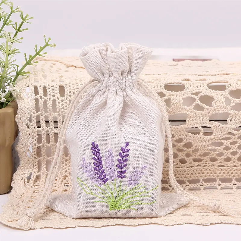 Repeatable linen embroidery canvas bag lavender storage drawstring pocket jewelry packing sack