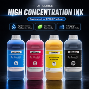 Encre éco-solvant haute concentration CMYK 1000ml, directement de l'usine, personnalisée pour tête d'impression XP600, pour impression de bannières en gros et longue durée - Product Image 1
