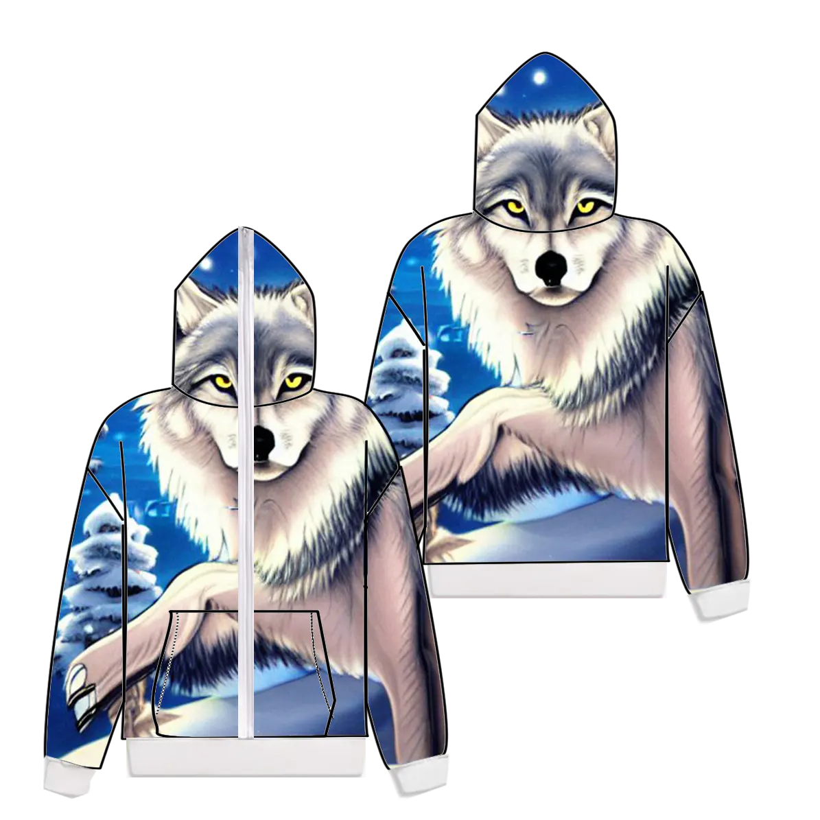 Multi style numérique 3D partout loup imprimé à la demande personnalisé polyester spandex fullzip fullface zip up loup sweats à capuche imprimés