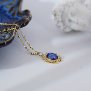 Elegant Vintage Style 14K Solid Gold Natural Blue <b>Sandstone</b> Pendant Necklace for Women and Girls Made of Stainless Steel - Product Image 2