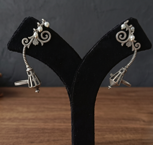 DIVYORO ANTIQUE <b>SILVER</b>-TONED STREET <b>LAMP</b> PEARL DANGLING EAR CUFFS - Product Image 4
