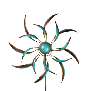 Newart wholesale double thin blade rust vintage bule metal 3d sculpture windmill wind spinners garden ornament