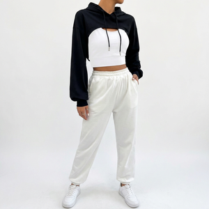 Sudadera Corta con Capucha en Bloques de Color Blanco y Negro, Manga Larga, Informal, Tejida, Talla Grande para Mujer, Ropa de Otoño - Product Image 1