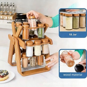 Wooden <b>Rotating</b> <b>Spice</b> <b>Rack</b> With Glass Jars Airtight Storage For Kitchen Countertop Organization - Product Image 2