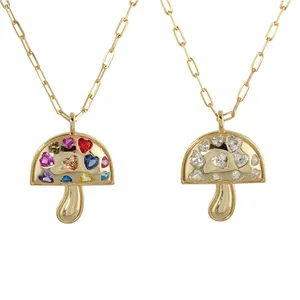 925 Sterling Silver Jewelry 14K Gold Plated Mushroom Rainbow Heart Zircon Pendant Charms Necklace For Women Daily Jewellery