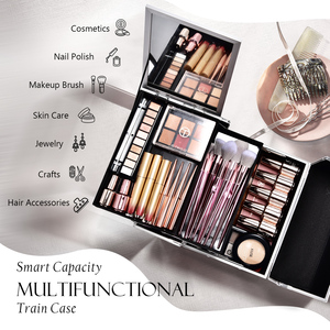 2 Trays <b>Makeup</b> Organizer Box with Mirror Portable Travel Cosmetic Suitcase for Nail Craft Beauty Tools Durable Jewelry <b>Case</b> - Product Image 3