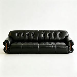 Premium Black Tufted Leather 3-Seater <b>Sofa</b> Roll Arm Button Tufted Couch For Luxury Living Room - Product Image 2