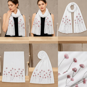 <b>White</b> Floral Viscose Solid Dyed Scarf Lightweight Soft Long Shawl Wrap for Women Daily Wear Travel and Gift - Product Image 2