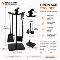 Ensemble d'outils pour foyer en acier noir 4 pièces avec pelle, pinces, fourreau et brosse, accessoires durables pour foyer à bois d'intérieur