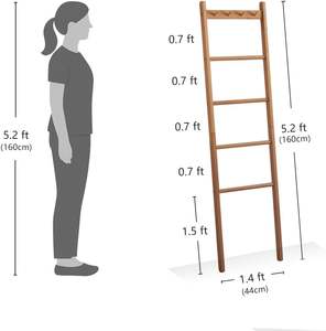 Escalera para Mantas de Madera de Haya, Soporte para Edredones de Estilo Rústico Natural de 5.3 pies con Ganchos Superiores, Estante Decorativo de 4 Barras para Mantas - Product Image 2