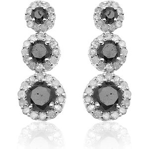 Ornaatis Black And White <b>Diamond</b> Three Stone Halo <b>Dangle</b> <b>Earrings</b> 10K White Gold Women's Wedding Jewelry - Product Image 1