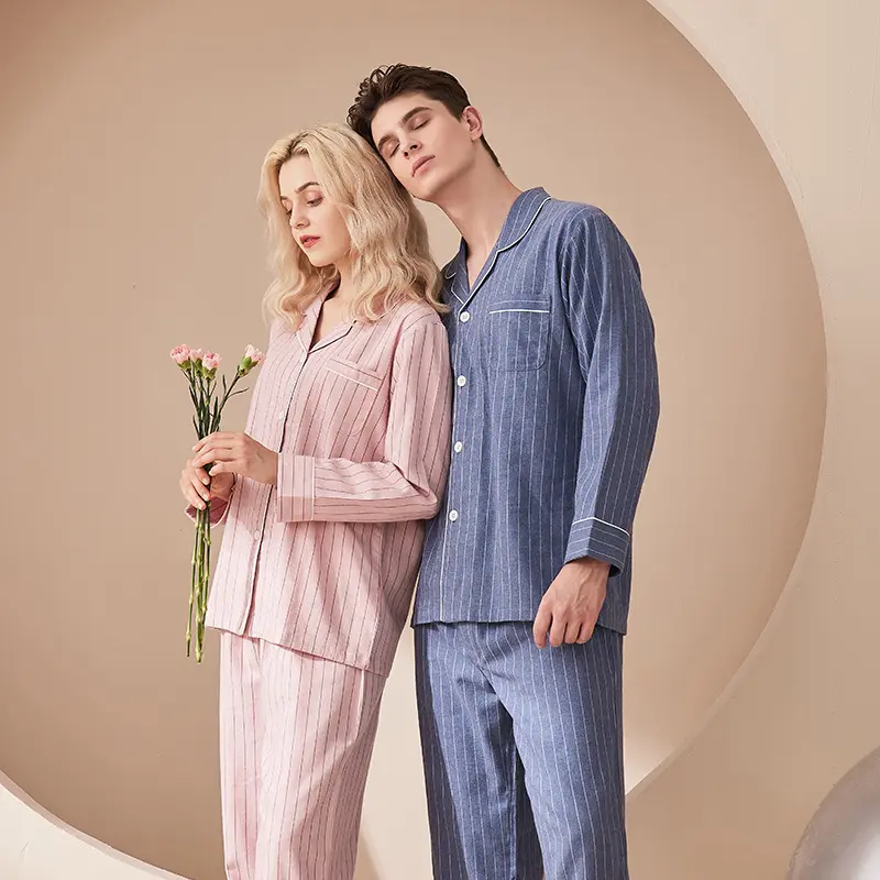 Ropa de dormir informal de algodón para hombre y mujer, conjunto de pijama para parejas, tejido esponjoso, 2 piezas