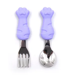 Cute Pattern kids Stainless Steel Flatware Children's Knife Fork and Baby Spoon Cutlery Set with silicone Handle