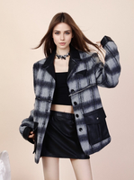 Personnalisé Vintage Mode Faux Cuir Patchwork Laine À Carreaux Zip Enlèvement Coupure Veste Courte Manteau Femmes Rue Veste Extérieure