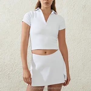 Custom Design Women Running Sports Golf Skirt Short Sleeve T Shirt Set 2 Piece Tennis Wear Suit Fitted White Tennis Skirts Set